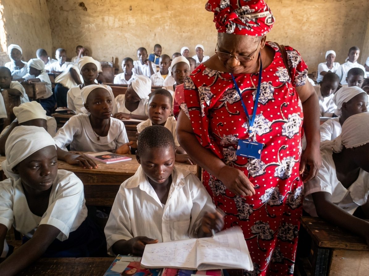 Founder of RUWOYSI visiting a classroom of re-enrolled children in Benue State