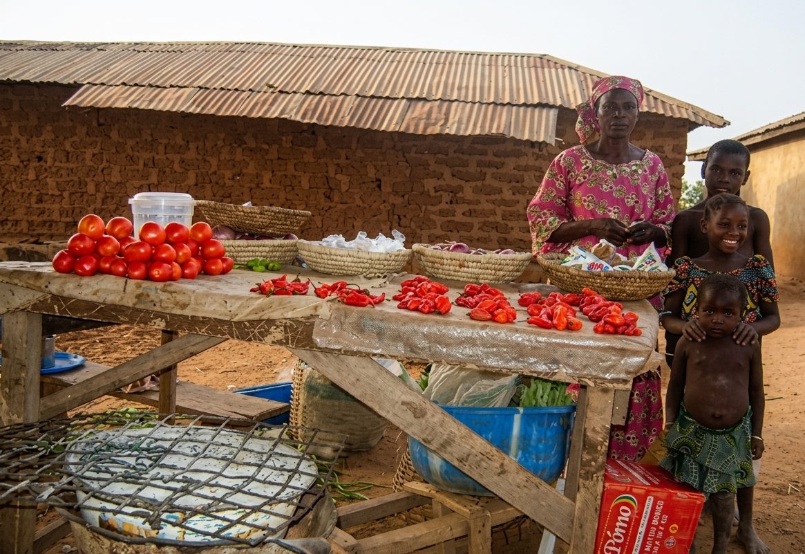 Mama Aisha at her vegetable stall with tomatoes and peppers